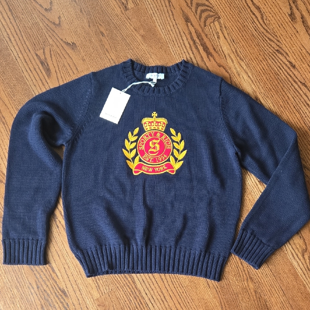 Sporty & Rich Navy Sweater with Red and Gold Crest